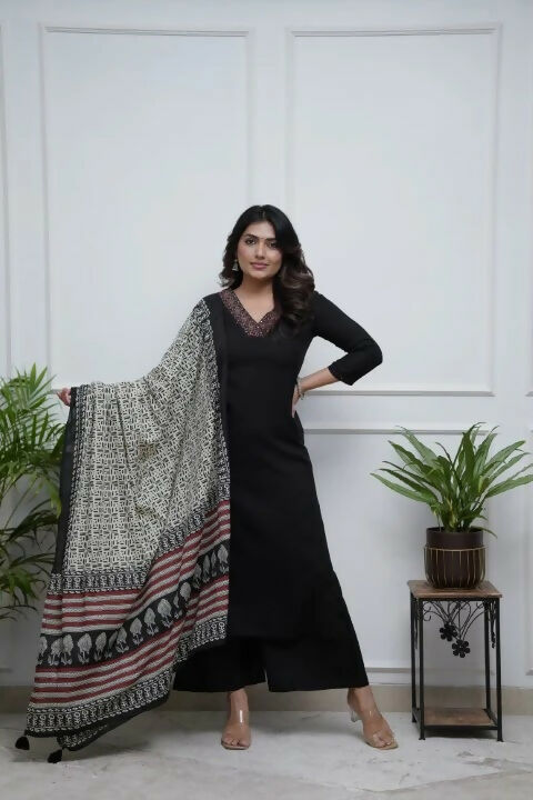 The52 Black Women's Gorgeous Parampara Fabric Embroidered Work Straight Kurta Palazzo and Dupatta Set - Swadesiicart