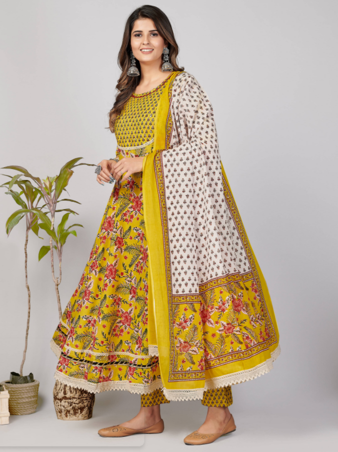 NOZ2TOZ Women's Yellow Anarkali Kurta & Pant With Dupatta Set- (3pcs Set) - Swadesiicart