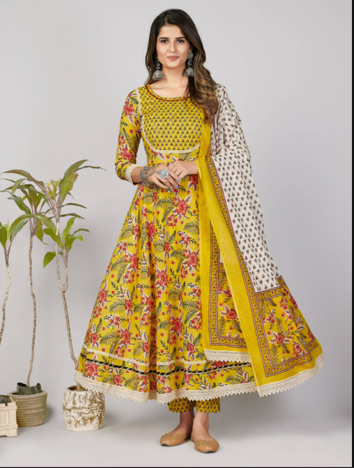 NOZ2TOZ Women's Yellow Anarkali Kurta & Pant With Dupatta Set- (3pcs Set) - Noz2Toz