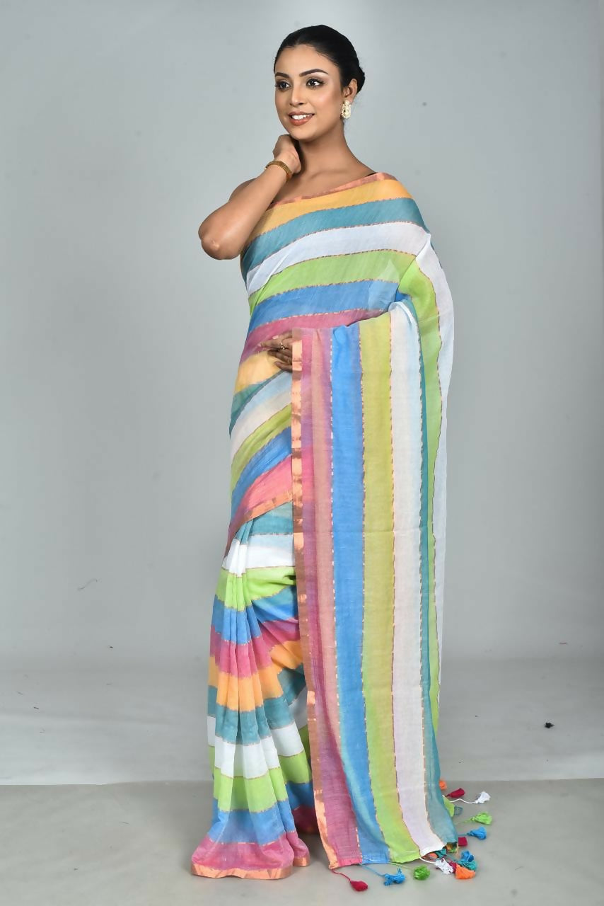 Exclusive Collection Beautiful Multi4 Pure Cotton Woven Handloom Saree With Running Blouse Piece - Swadesiicart