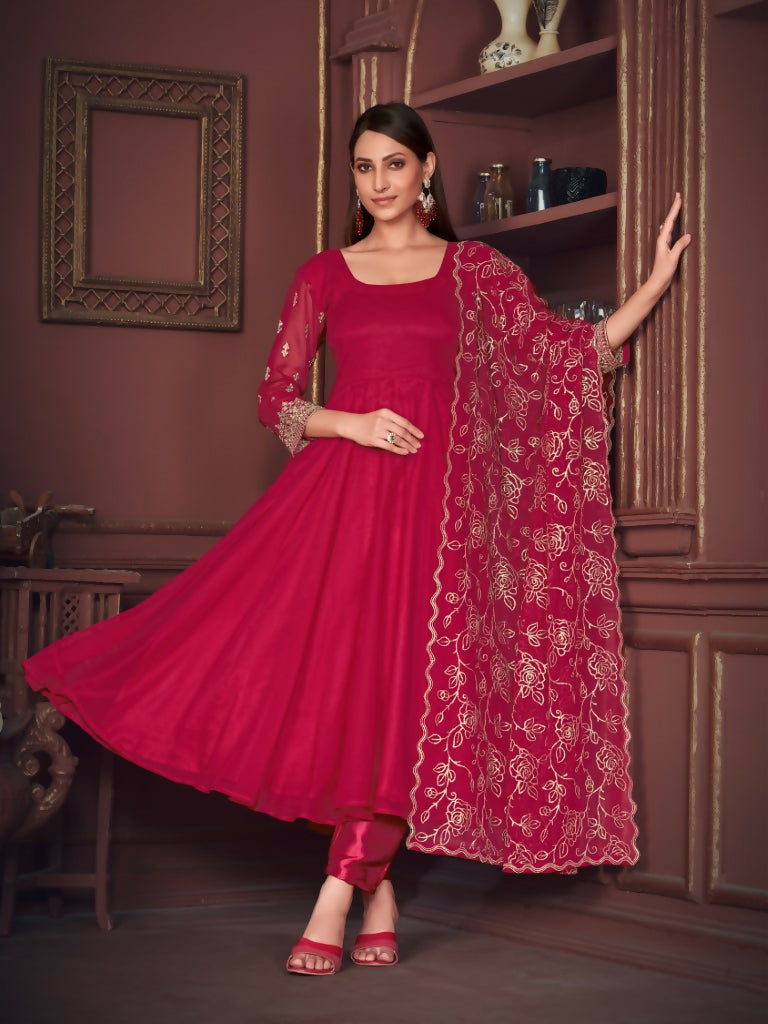 Jyoti Fashion Women's Rani Pink Georgette Embroidered Anarkali Kurta Pant Set With Dupatta | Swadesiicart