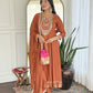 The52 Rust Women's Gorgeous Embroidered Vichitra Silk Fabric Flared Kurta, Pant and Dupatta Set - Swadesiicart