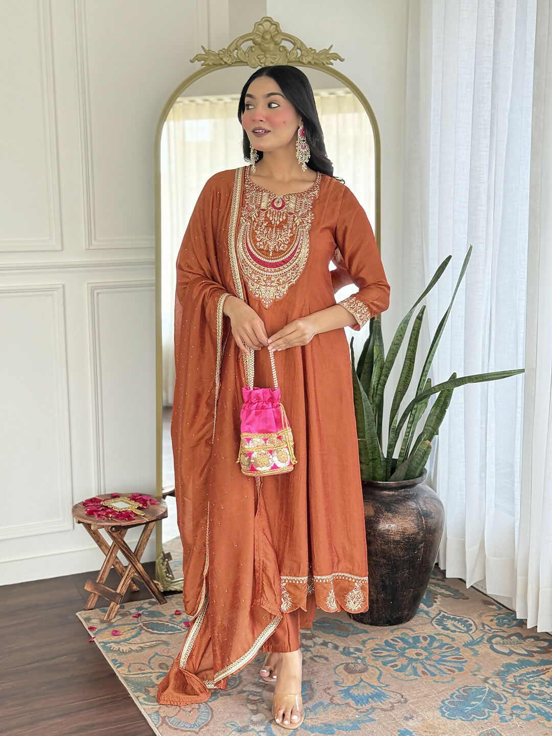 The52 Rust Women's Gorgeous Embroidered Vichitra Silk Fabric Flared Kurta, Pant and Dupatta Set - Swadesiicart
