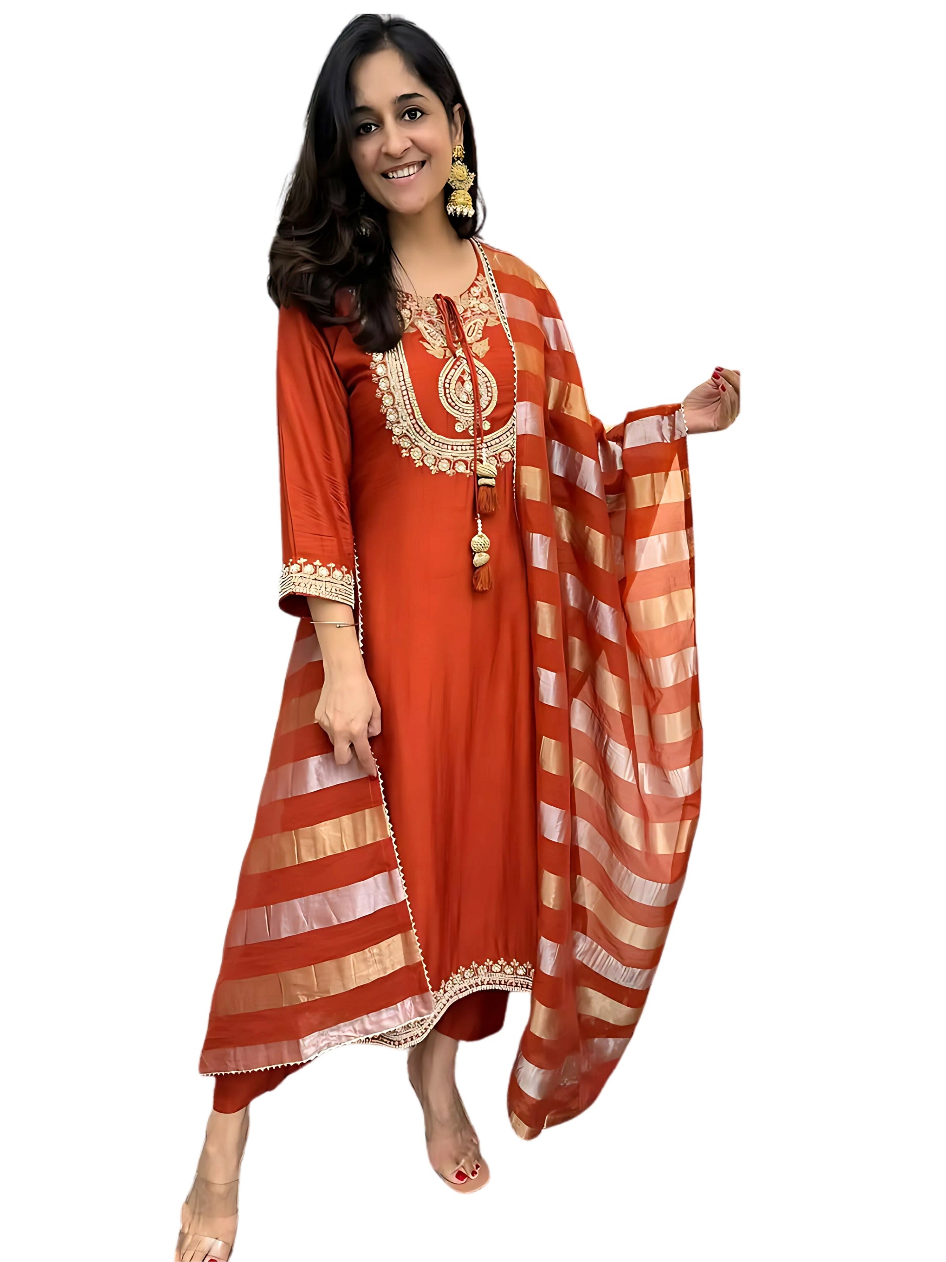 The52 Orange Women's Gorgeous Embroidered work Chanderi Fabric Straight Kurta, Pant and Dupatta Set - Swadesiicart