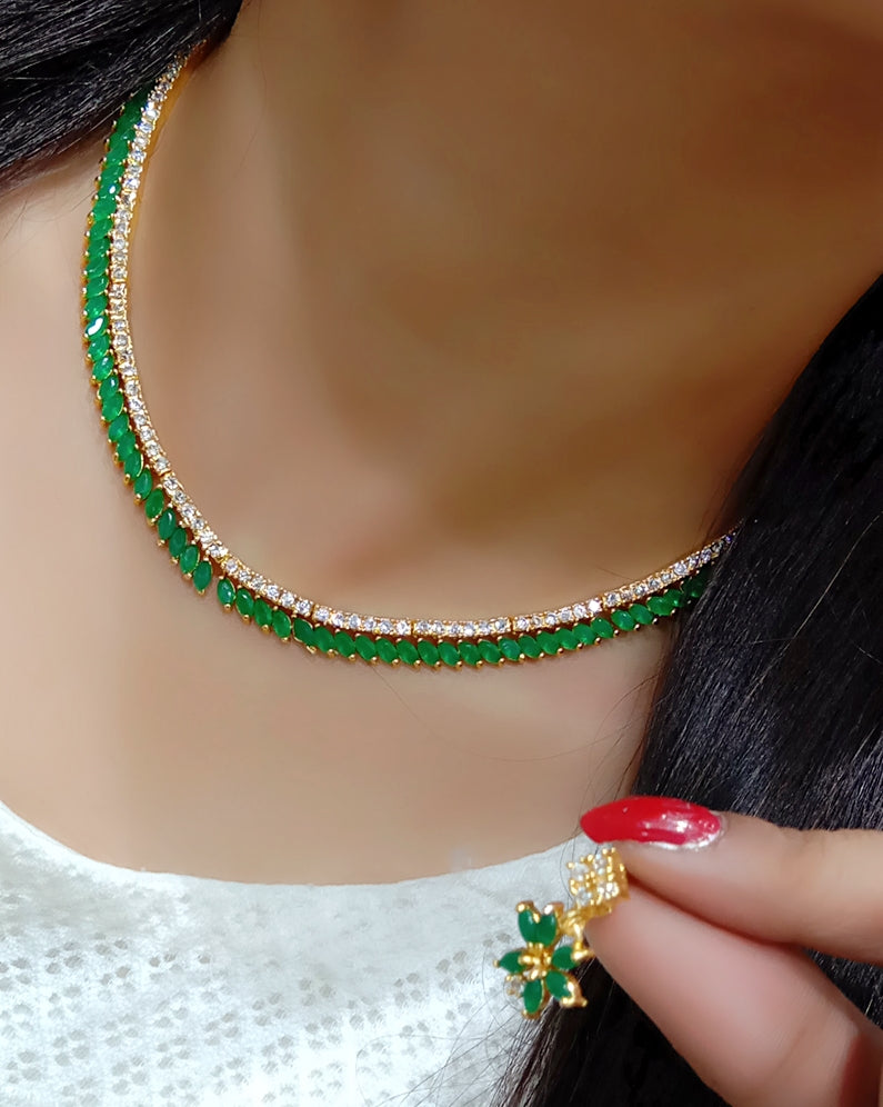 Gold-Polished Alloy American Diamond Green Necklace Set - The Pari - Swadesiicart