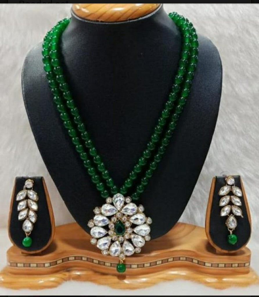 Gold-Polished Alloy Green Beaded Rhinestones Pendant Set - The Pari | Swadesiicart