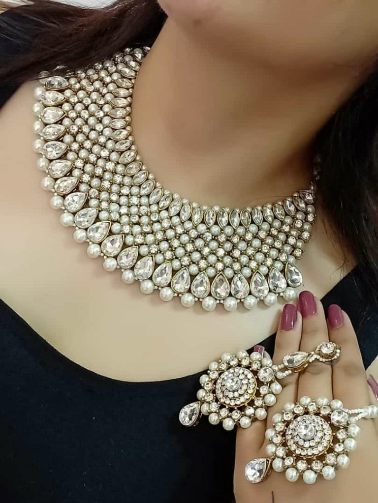 Gold-Polished Alloy Handmade Pearl & Stone Studded Choker Necklace Set - The Pari | Swadesiicart