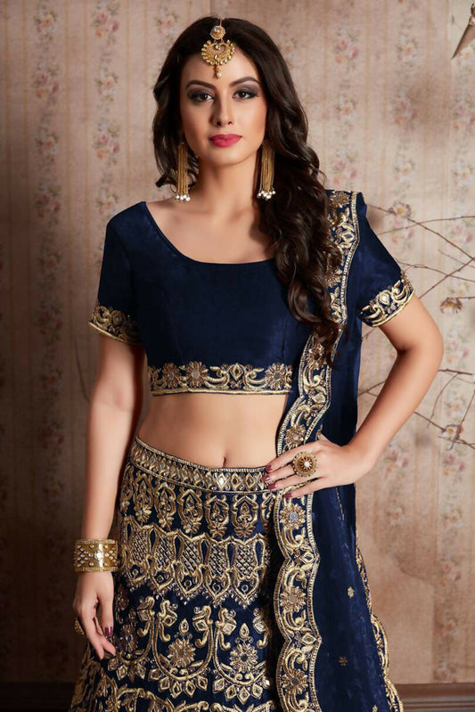 Jyoti Fashion Mesmerizing Navy Blue Sequins Embroidered Velvet Lehenga Choli with Dupatta | Swadesiicart