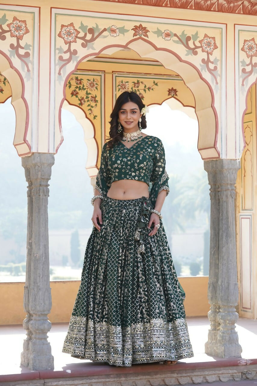 Lorenvalley Green Pure Viscose Jacquard With Embroidered Sequins work Lehenga Choli | Swadesiicart