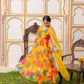 Vaasva Women Mustard Organza Multi Floral Print & Embroidered Anarkali Kurta, Pant & Dupatta set | Swadesiicart