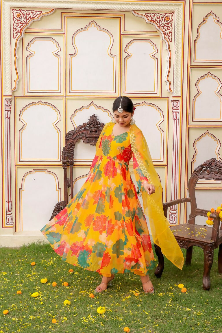Vaasva Women Mustard Organza Multi Floral Print & Embroidered Anarkali Kurta, Pant & Dupatta set | Swadesiicart