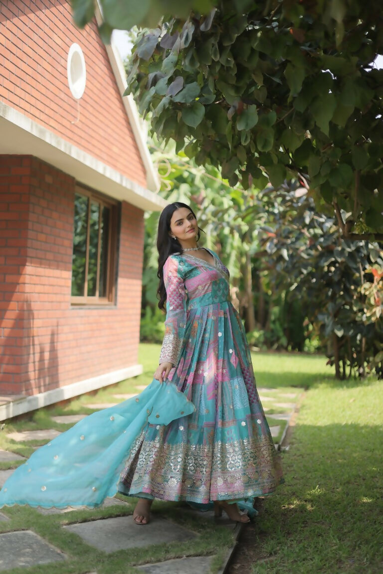Jyoti Fashion Women's Sky Blue Russian Silk Digital Print with Embroidered Anarkali Dress with Dupatta | Swadesiicart