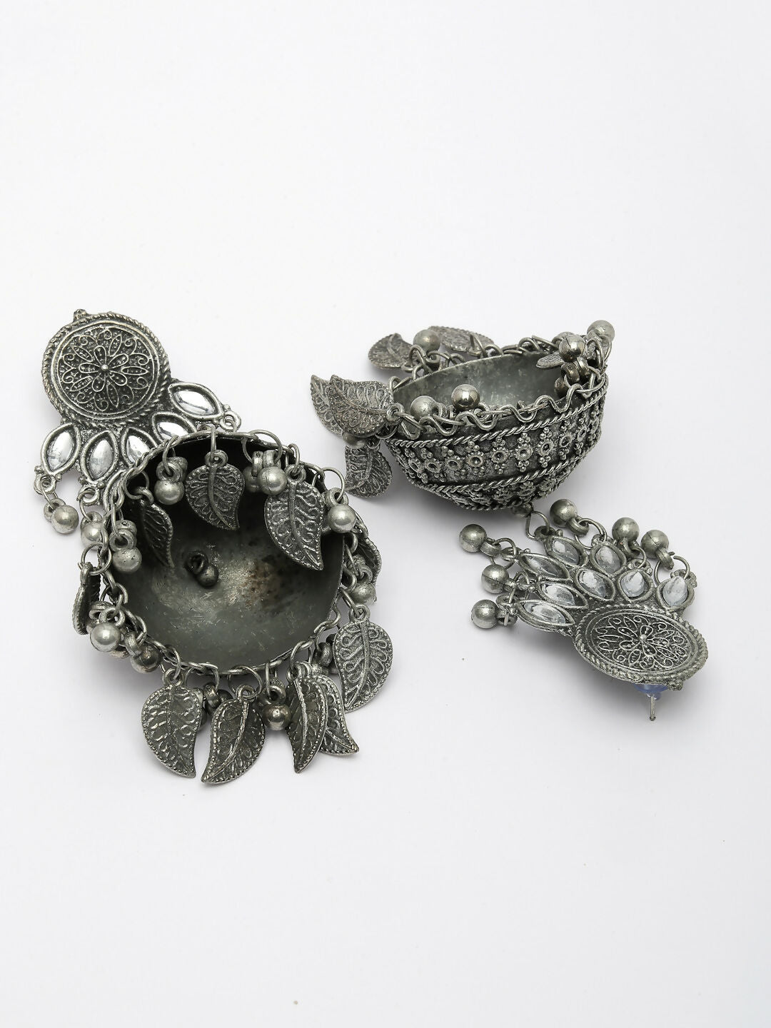 NVR Women's Silver-Plated Oxidised Artificial Stones Dome Shaped Jhumka Earrings | Swadesiicart