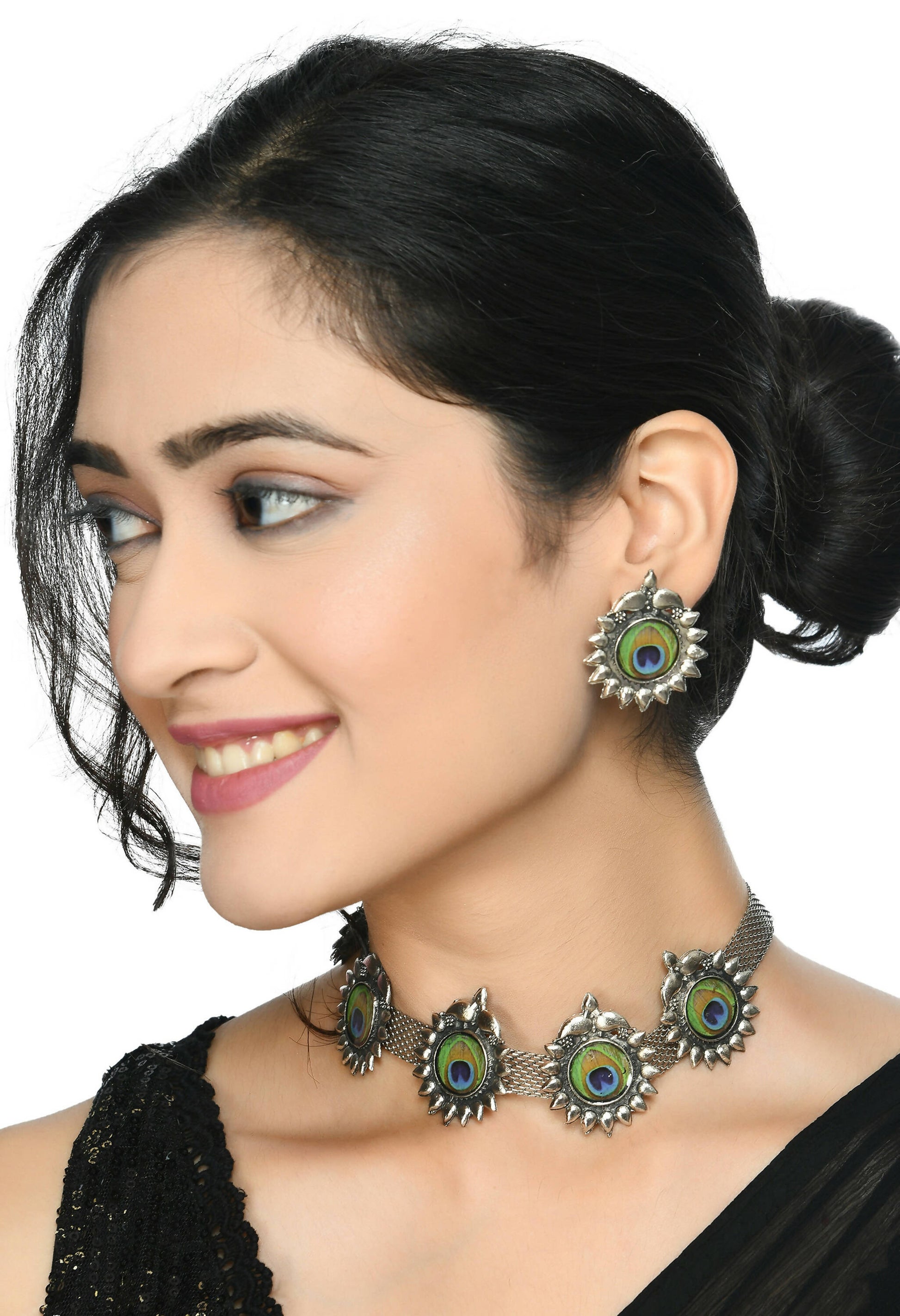 Mominos Fashion Johar Kamal Oxidised Silver-Plated Peacock Wings Work Necklace Handicraft | Swadesiicart
