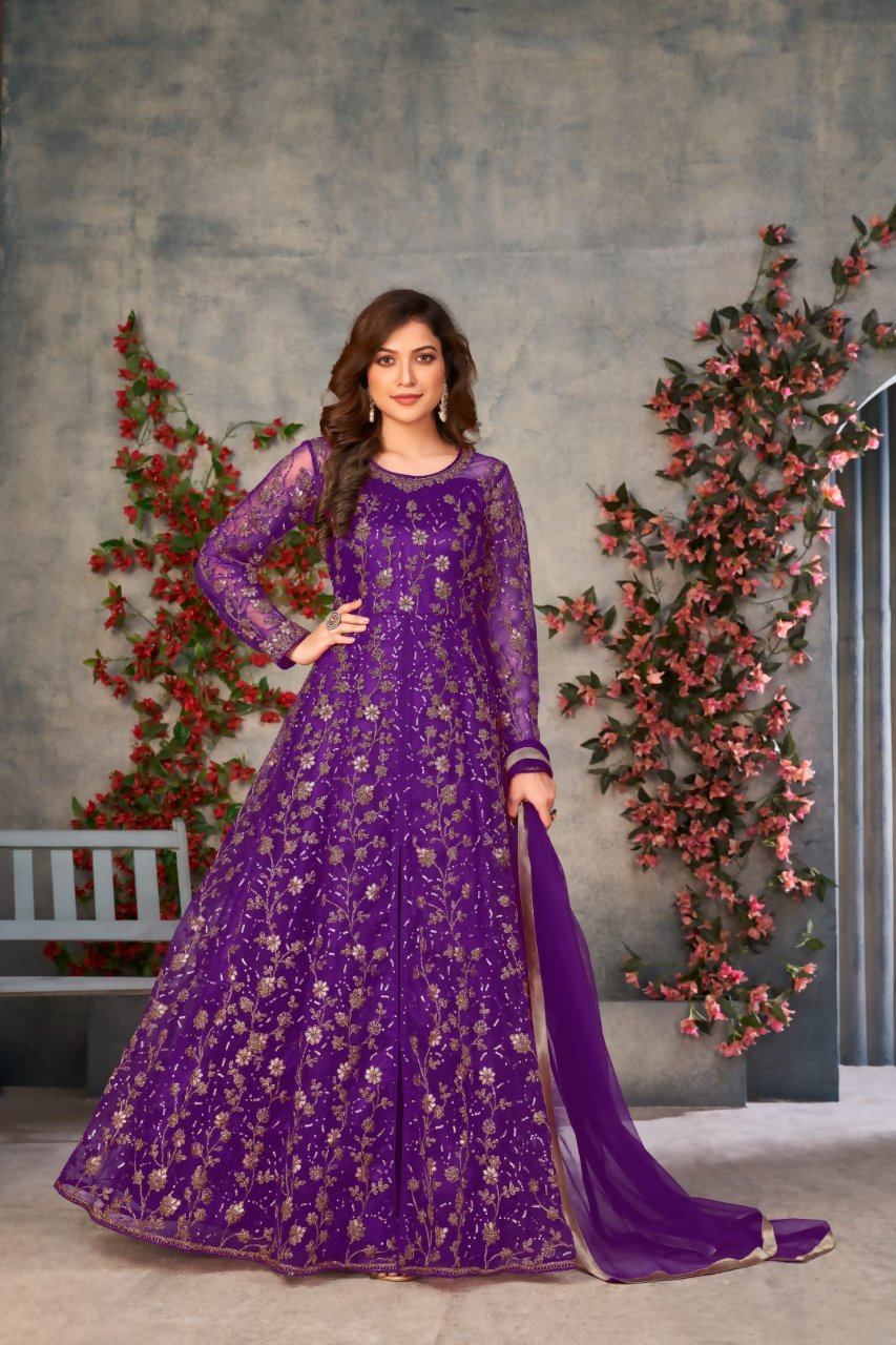 Anaita Purple Embroidered Net Stitched Anarkali suit
