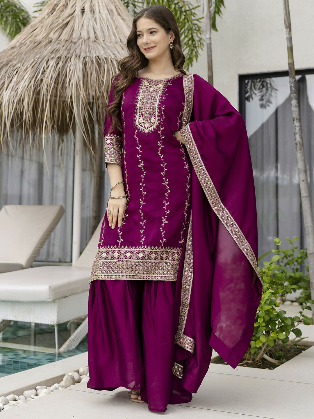 The52 Wine Beautiful Embroidered Vichitra Silk Fabric Straight Kurta, Palazzo and Dupatta Set - Swadesiicart