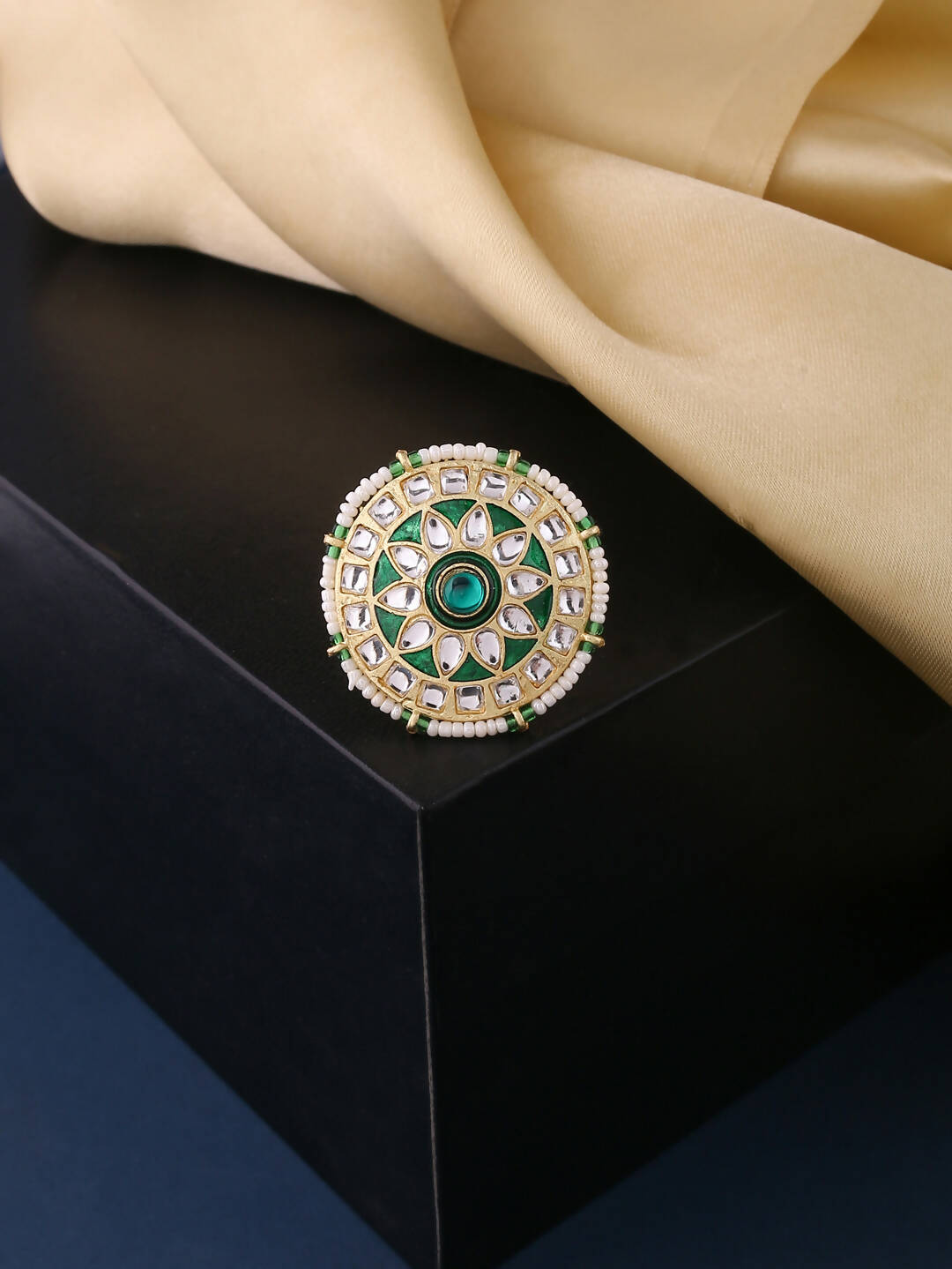 NVR Women's Traditional Kundan Meenakari Gold-Polished Ajustable Finger Ring | Swadesiicart