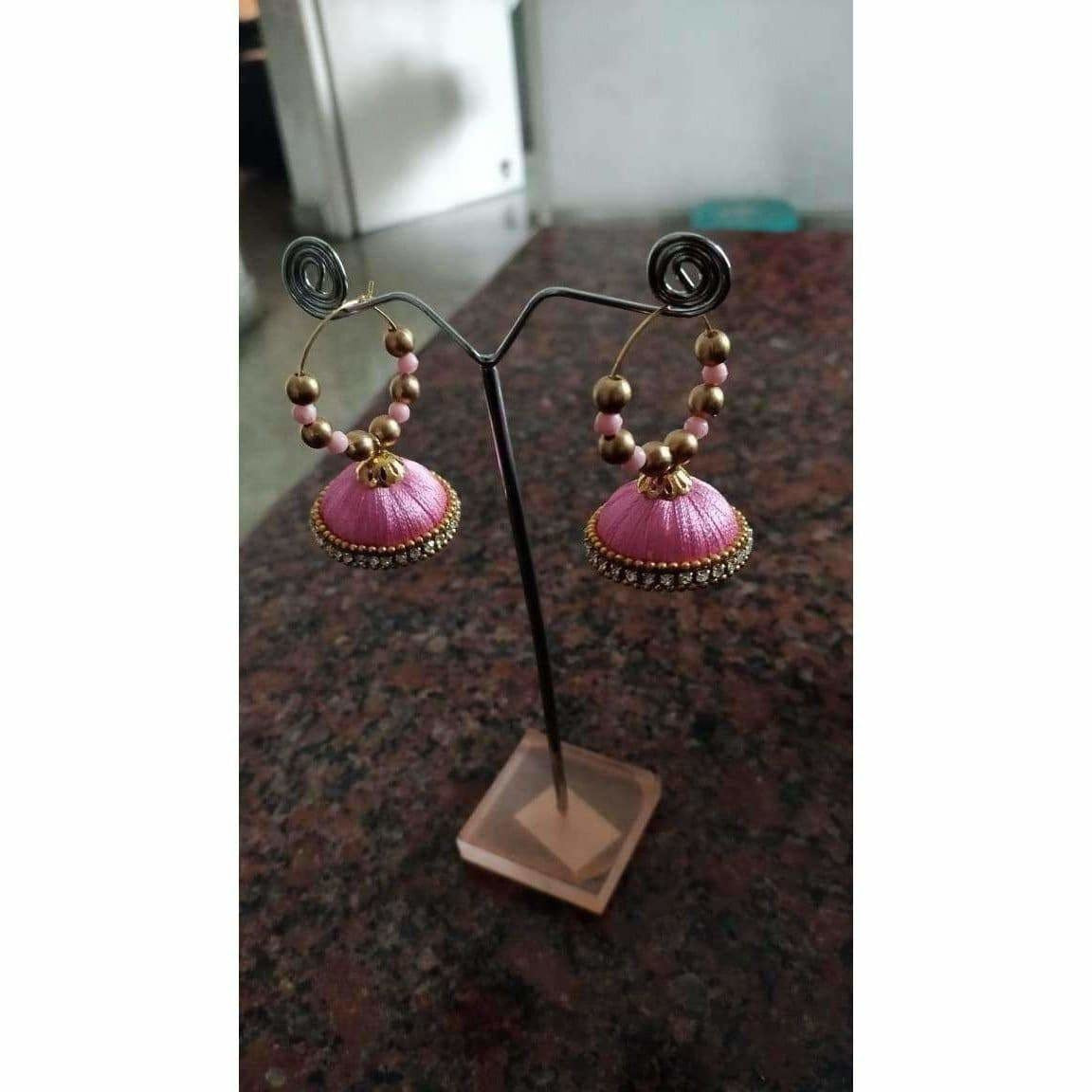 Pink Color Silk Thread Earrings with Beads - Madhu Collections