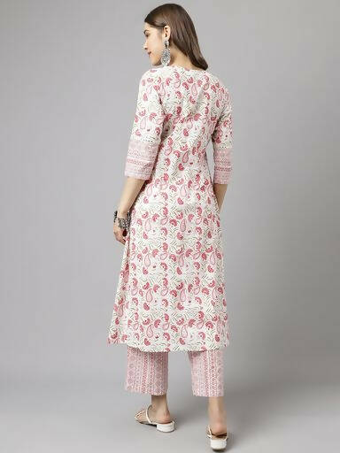 FIORRA Women's White Cotton A-line Kurta with Palazzo - Swadesiicart