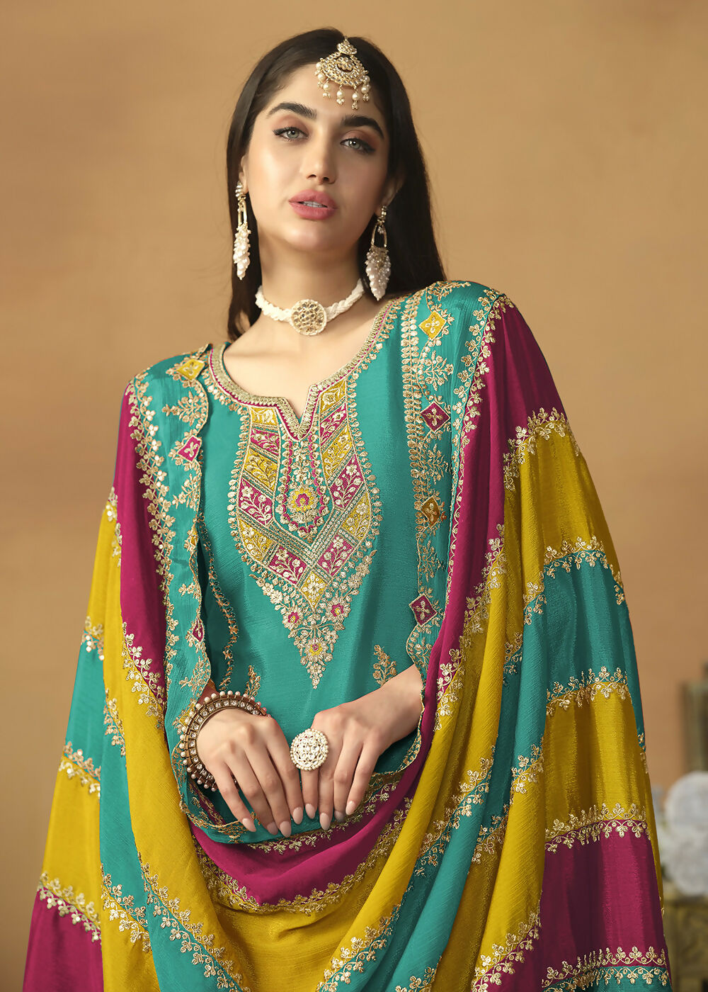 Chinnon Silk Turquoise Salwar Suit with Multicolor Dupatta - Emponline | Swadesiicart