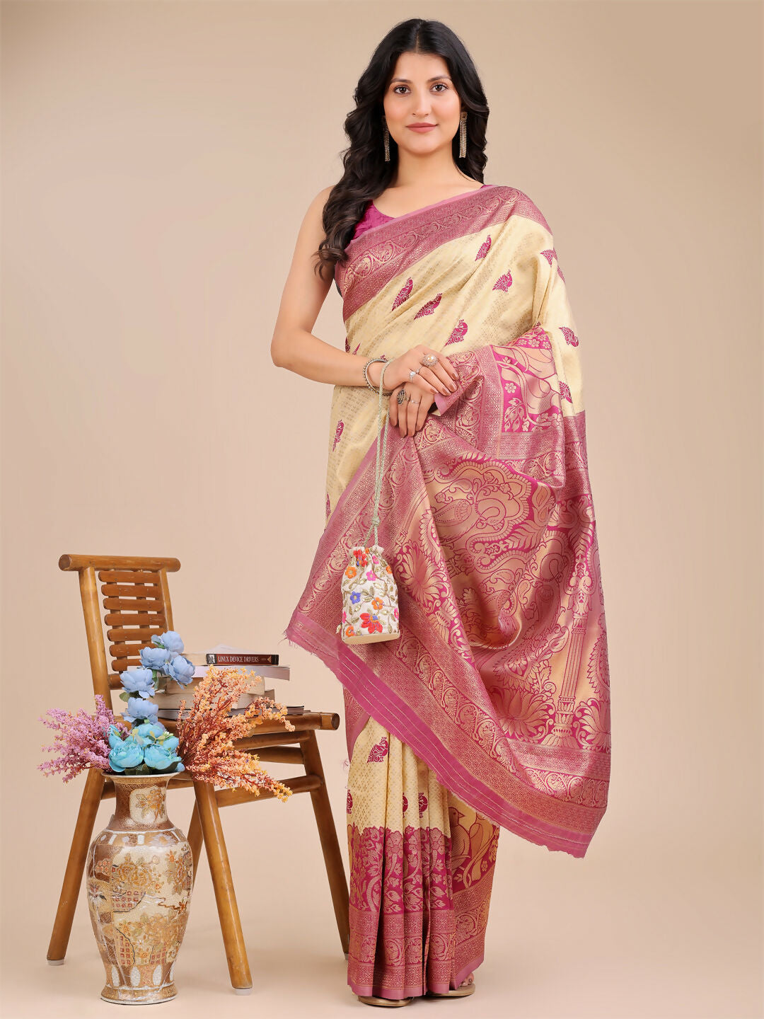 Astita Banarasi Silk Cream & Magenta Saree | Swadesiicart