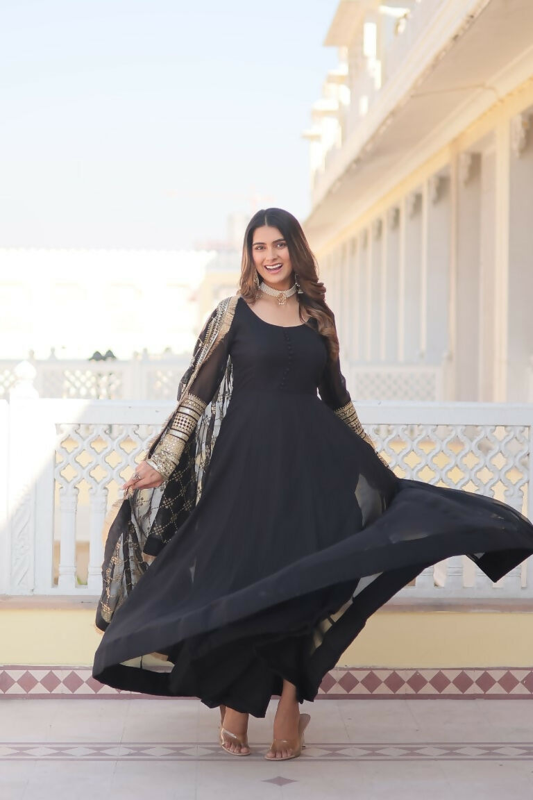 Jyoti Fashion Women's Black Faux Blooming Sequins Zari Embroidered Anarkali Dress with Dupatta | Swadesiicart