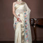 Morchari Beige Banarasi Tissue Computer Embroidery Saree Unstitched Blouse | Swadesiicart