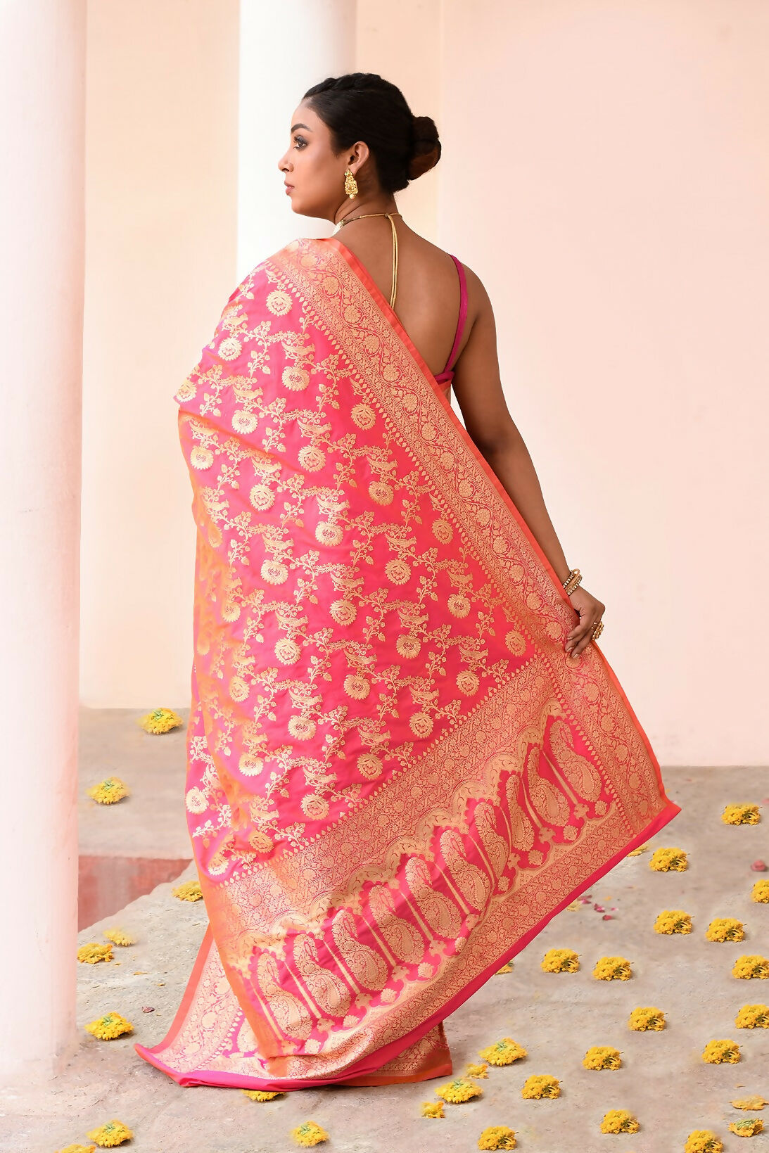 Joban Fashion Pink Peach Soft Pure Handloom Banarasi Silk Saree | Swadesiicart