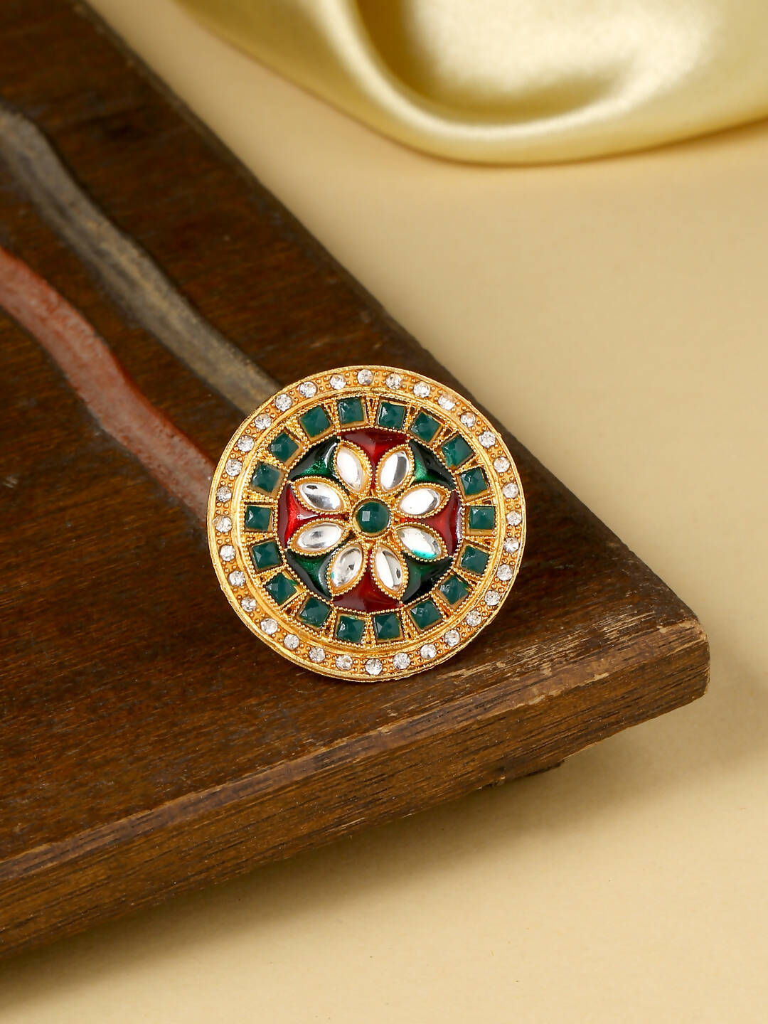 NVR Women's Traditional Kundan Meenakari Gold-Polished Ajustable Finger Ring | Swadesiicart