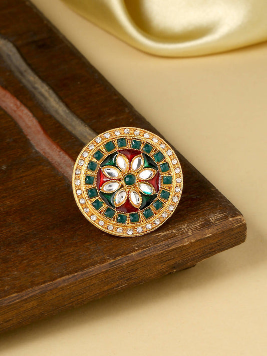 NVR Women's Traditional Kundan Meenakari Gold-Polished Ajustable Finger Ring | Swadesiicart
