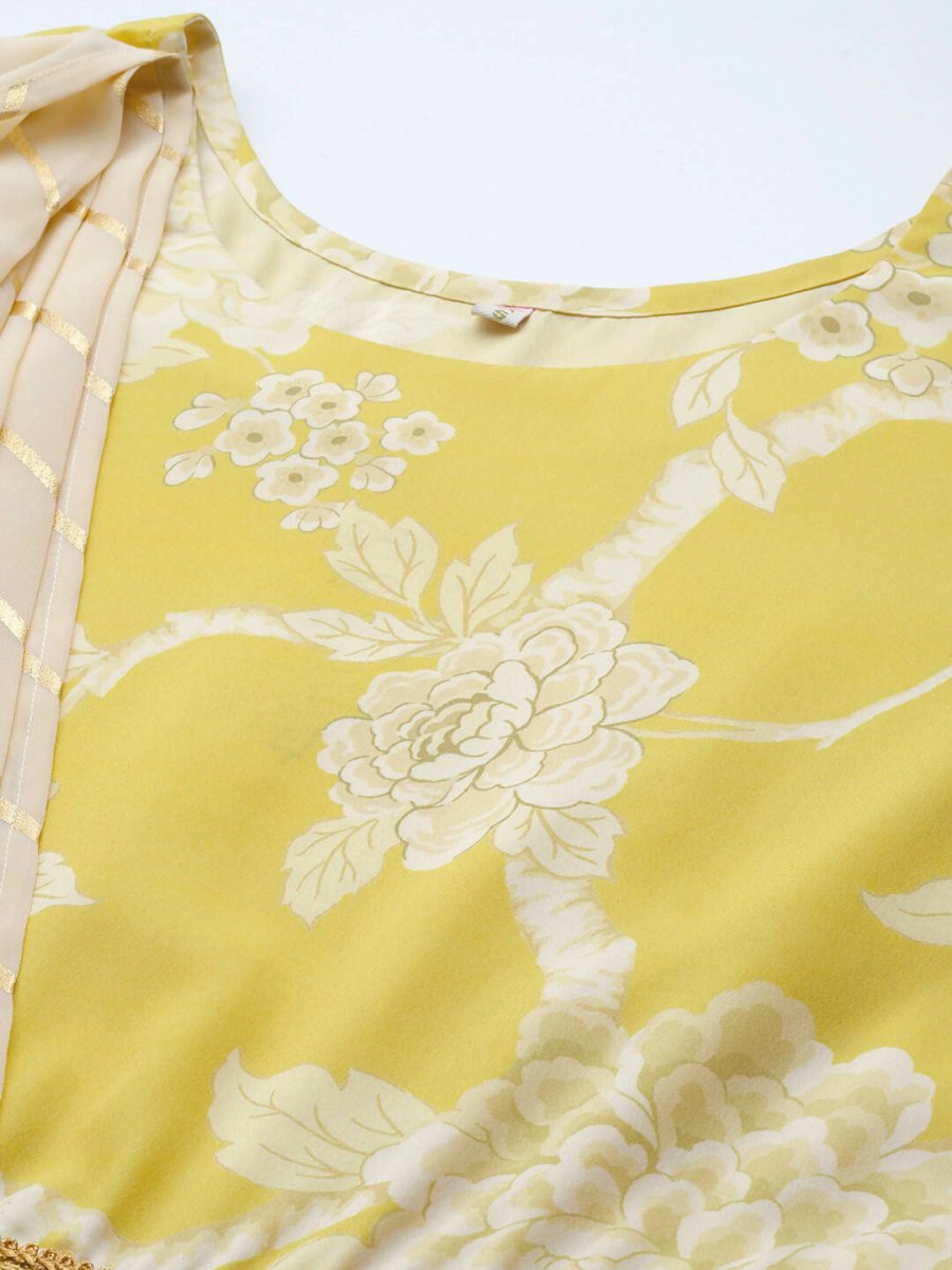Ahalyaa Womens Lemmon Yellow Crepe Digital Printed Drapped Dress | Swadesiicart
