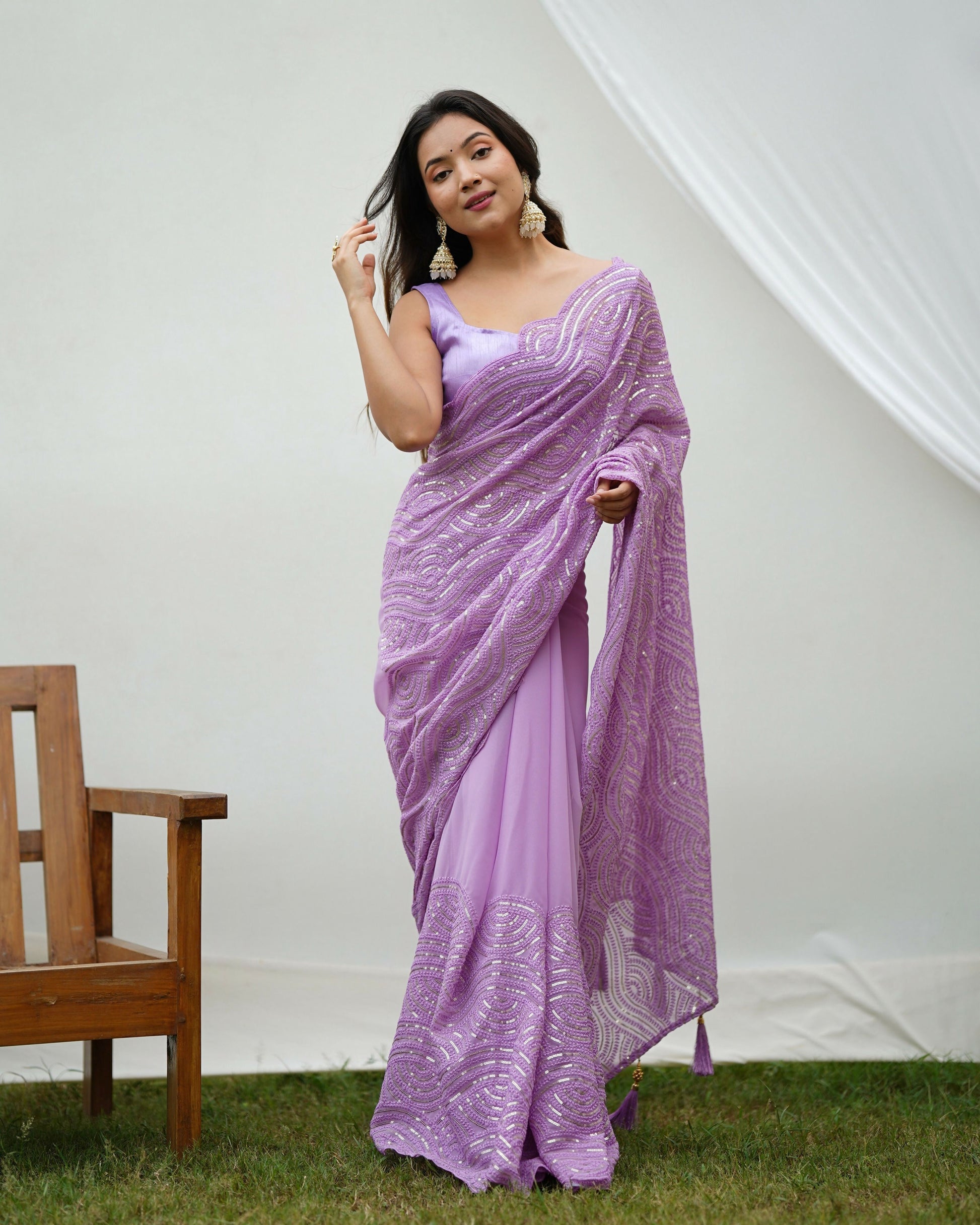 Vamsee Trending Sequins .2 Purple Georgette Saree - Swadesiicart