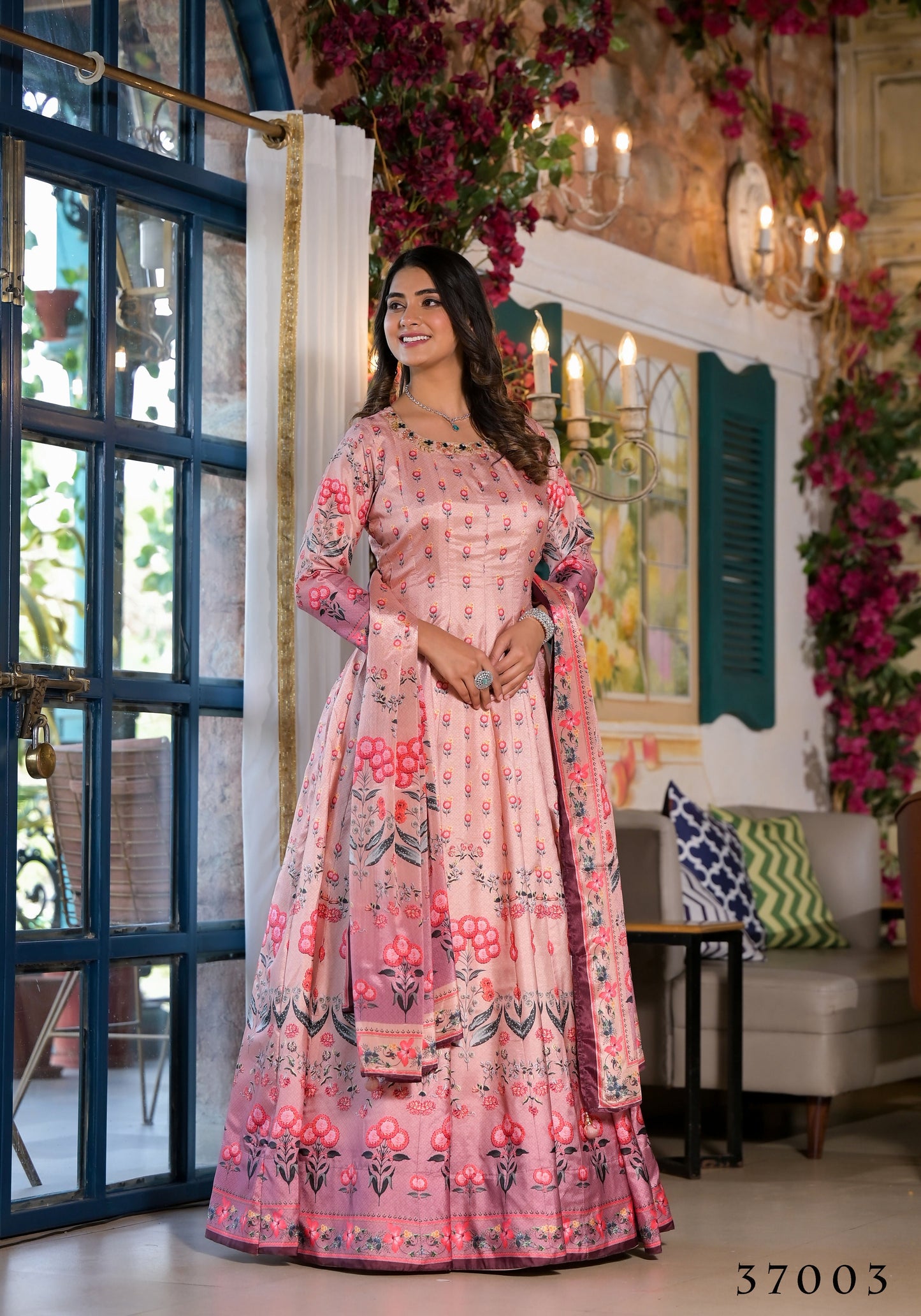 Partywear Designe rPeach Dola Silk Anarkali suit with Dupatta - Samyukta - Swadesiicart