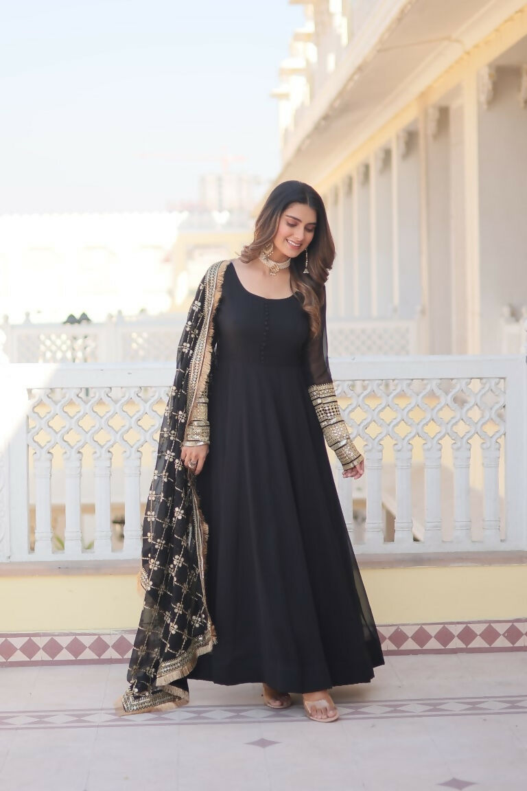 Jyoti Fashion Women's Black Faux Blooming Sequins Zari Embroidered Anarkali Dress with Dupatta | Swadesiicart