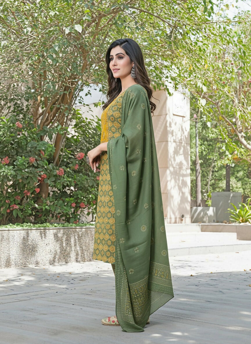 BulBul Aaliya Green Elegance Cotton Kurta Set with Embroidered Organza Dupatta - Swadesiicart