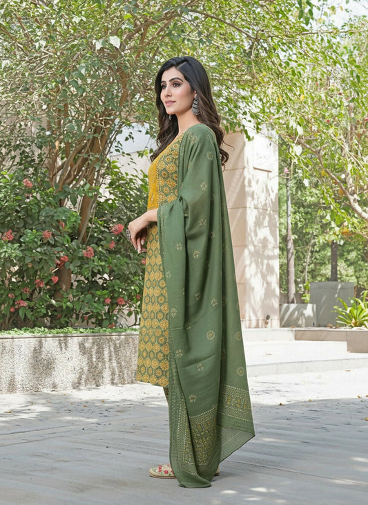 BulBul Aaliya Green Elegance Cotton Kurta Set with Embroidered Organza Dupatta - Swadesiicart