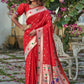 Vishnu Weaves Women's Red Banarasi Silk Zari Woven Paithani Saree with Unstitched Blouse - Swadesiicart