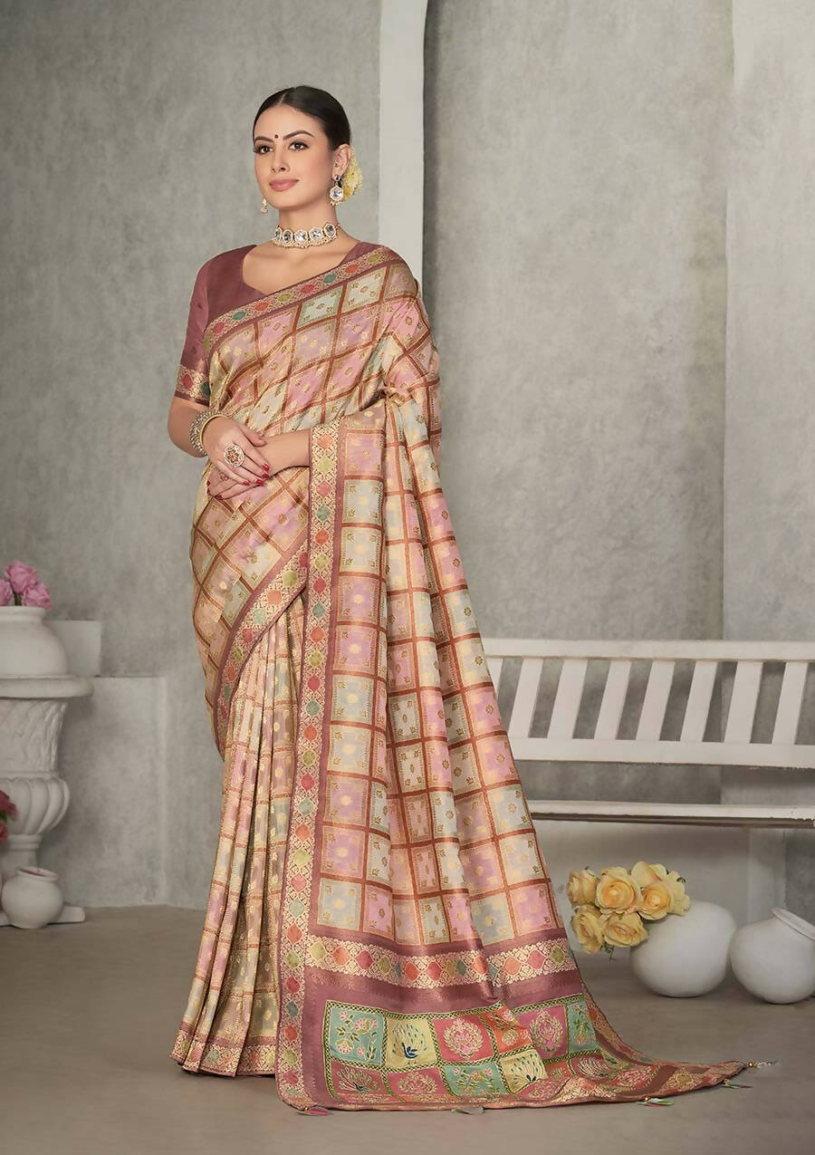 Peach Rangkat Tussar Silk Woven Design Saree with Unstitched Blouse - Mohmanthan Eshani | Swadesiicart