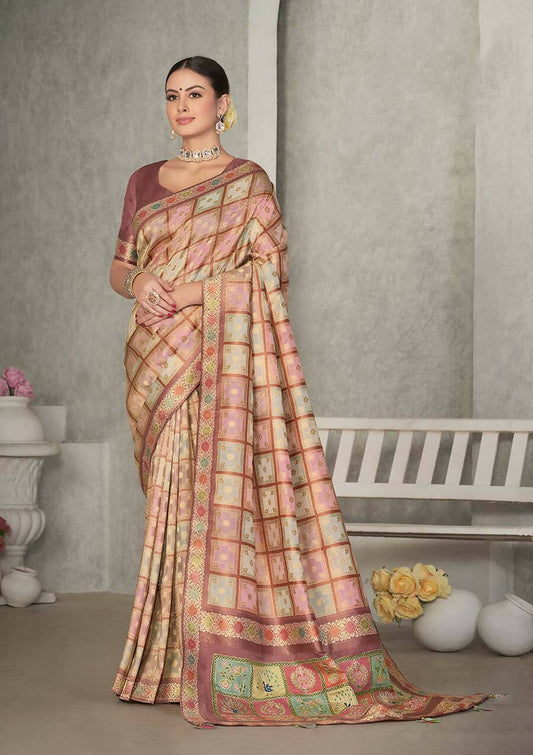 Peach Rangkat Tussar Silk Woven Design Saree with Unstitched Blouse - Mohmanthan Eshani | Swadesiicart