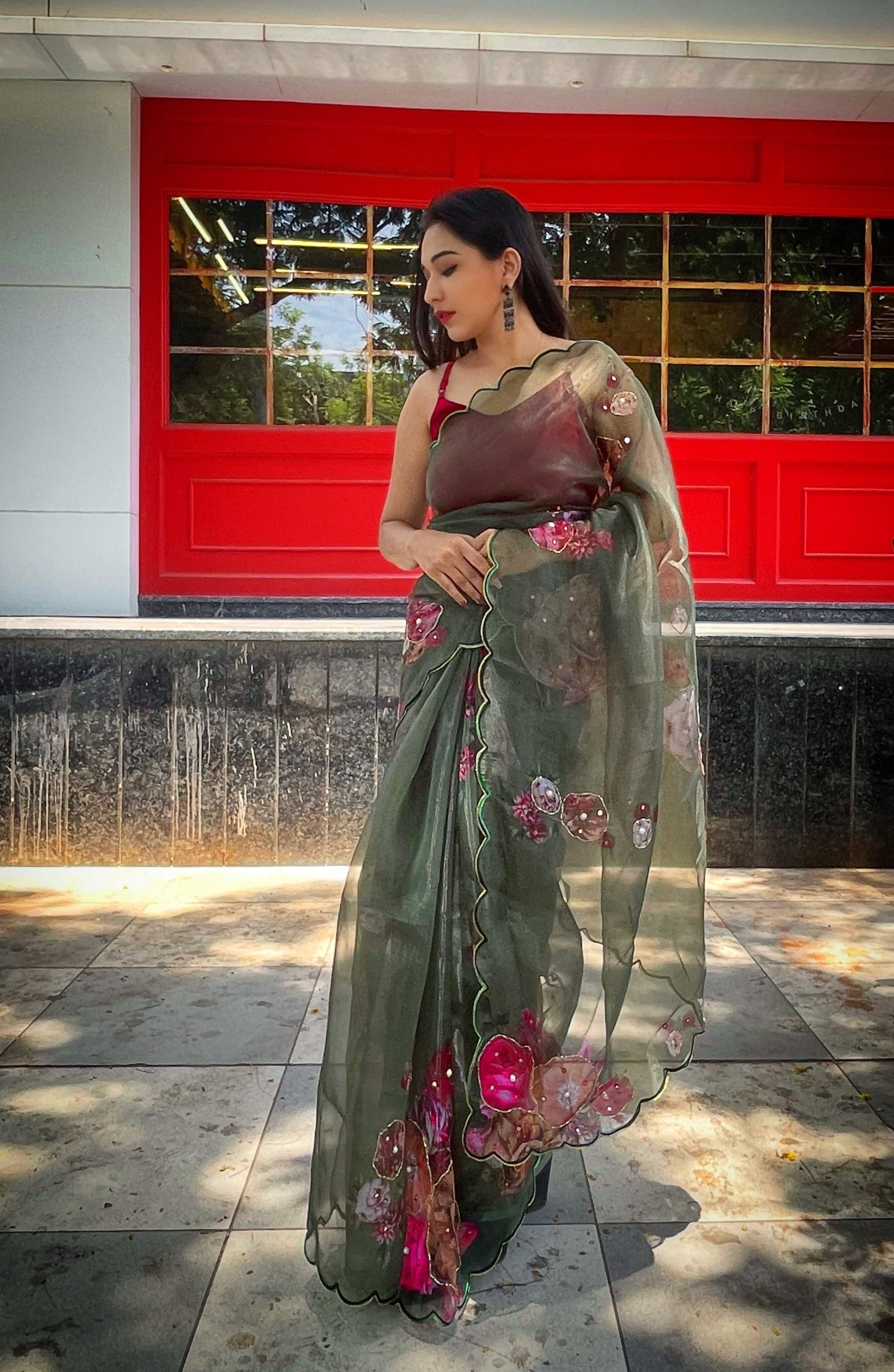 Vamsee Brijbala Green Organza Saree - Swadesiicart