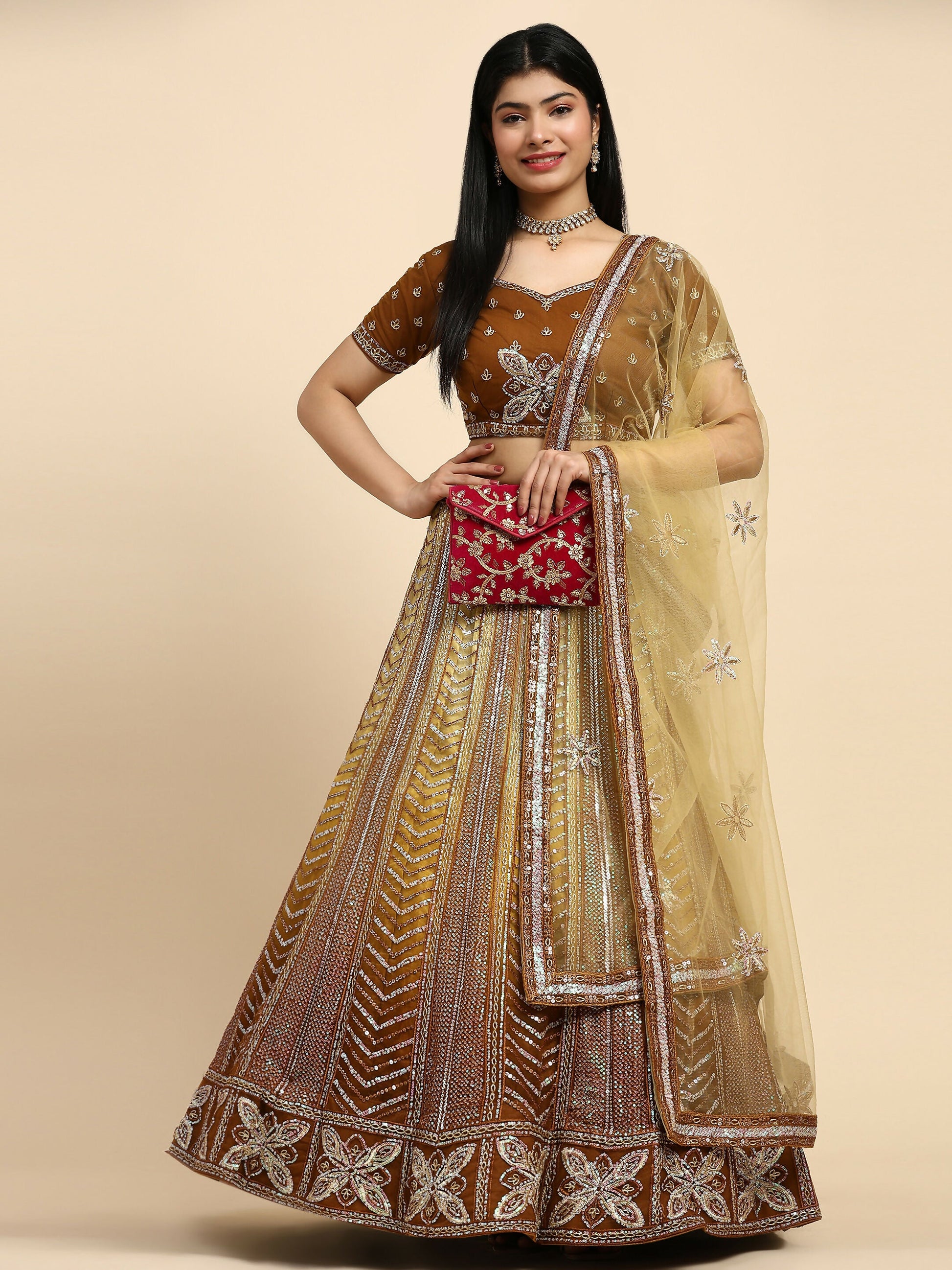 Brown Fancy Net Sequence Embroidered Lehenga Choli with Dupatta - Dhara | Swadesiicart