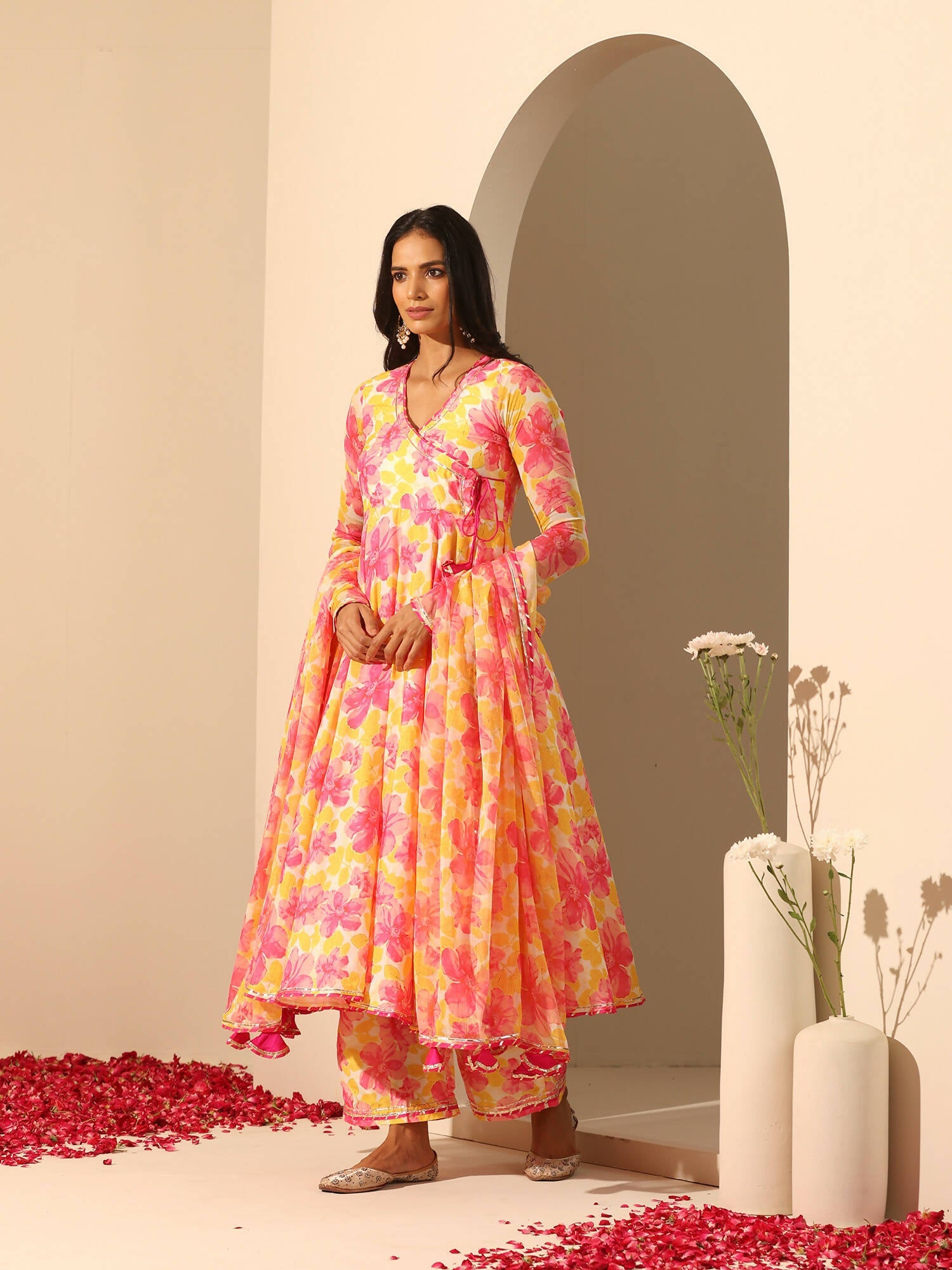 Pomcha Jaipur Yellow Gul Rangrez Angrakha Set | Swadesiicart