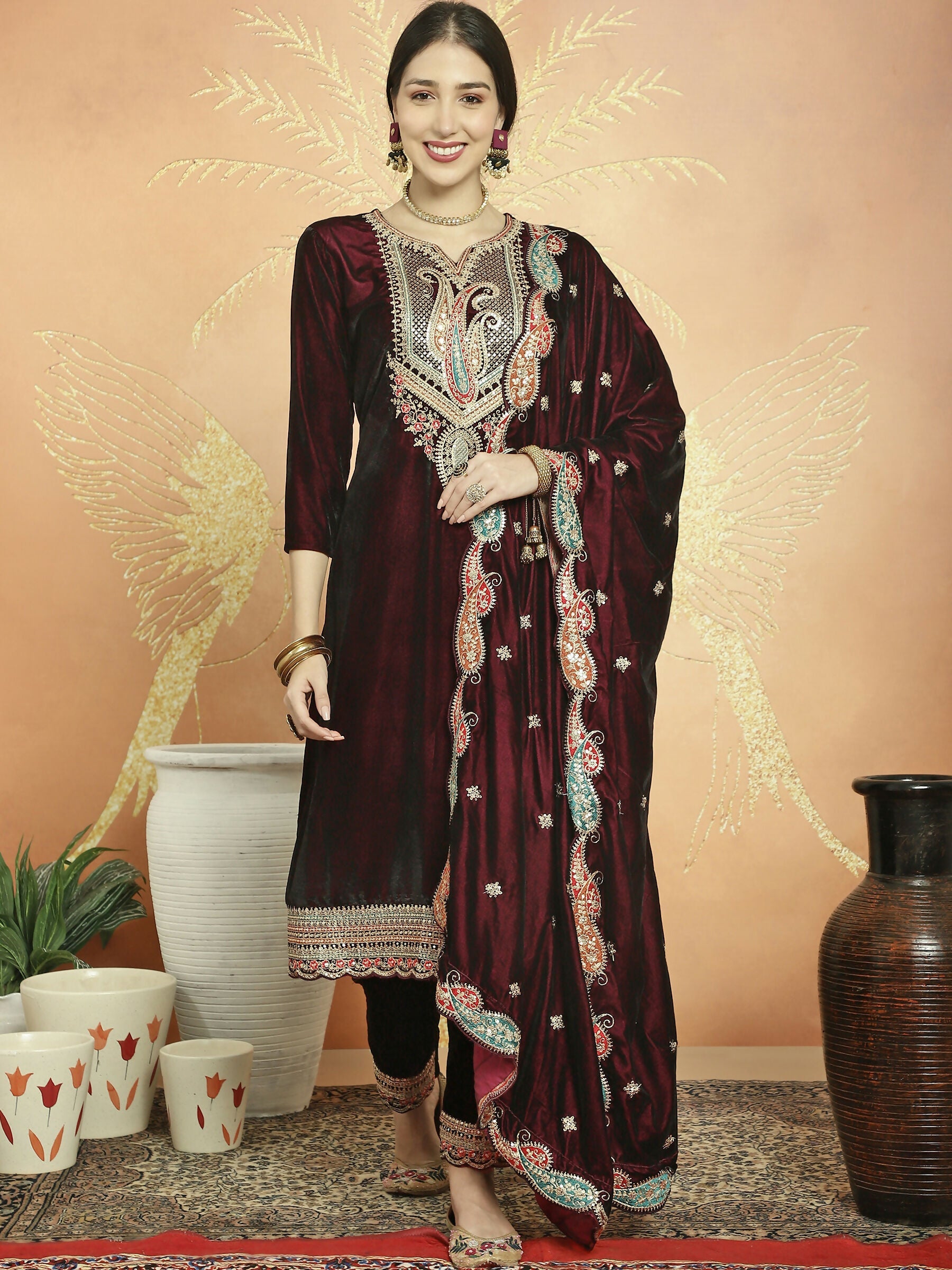 Jyoti Fashion Women's Maroon Velvet Cording with Resham Thread & Sequin Kurta with Trouser & Dupatta | Swadesiicart