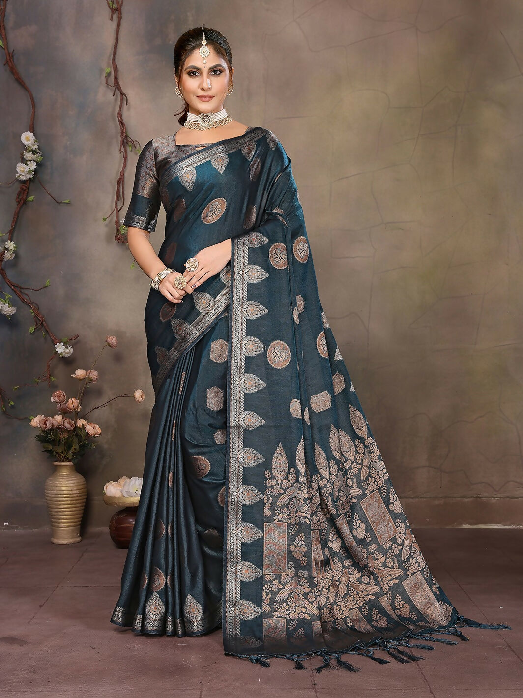 Joban Fashion Teal Blue Woven Jacquard Banarasi Silk Sarees | Swadesiicart
