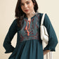 Teal Rayon Yoke Embroidered A-line Top - Tarini - Swadesiicart