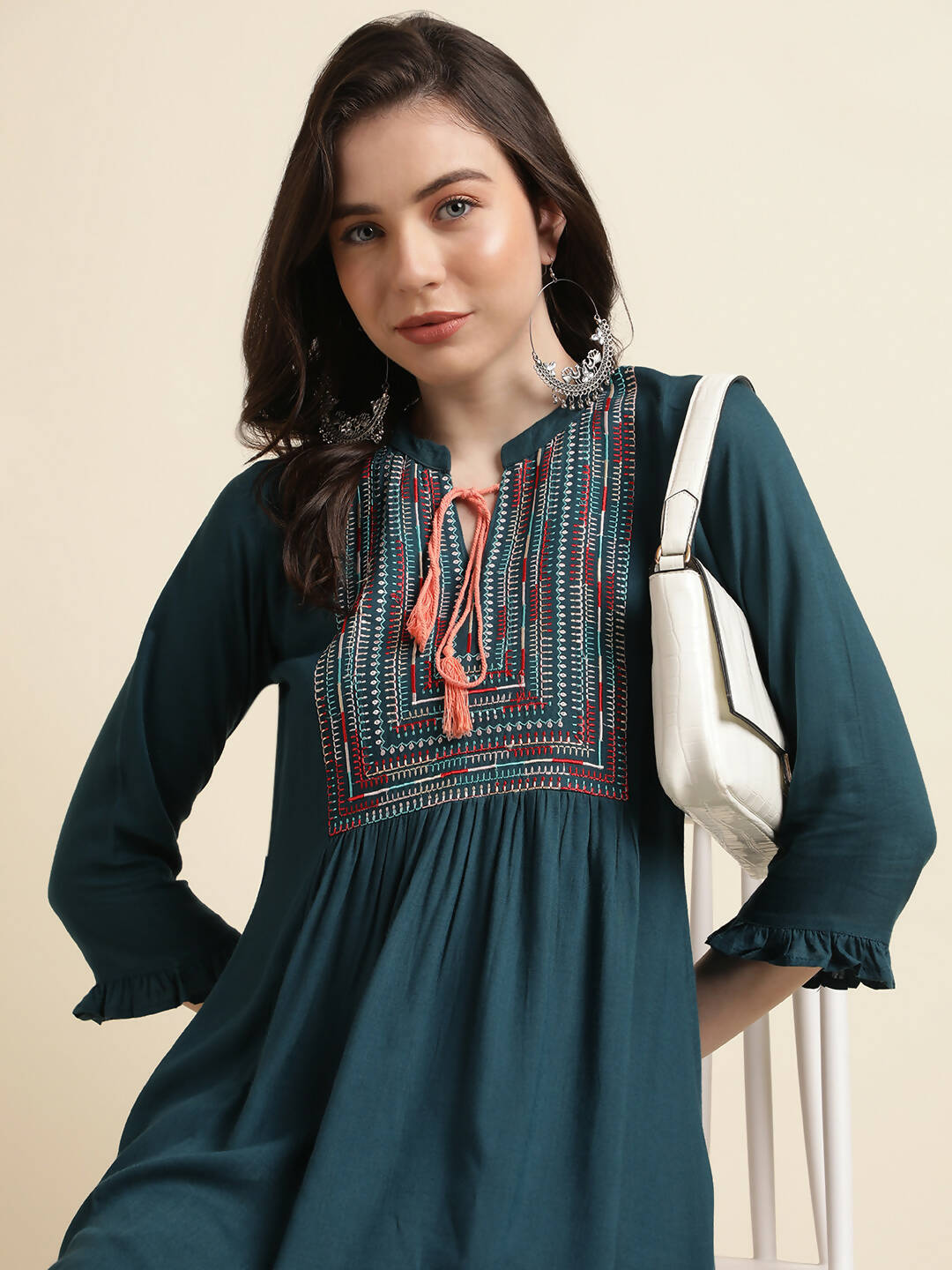 Teal Rayon Yoke Embroidered A-line Top - Tarini - Swadesiicart