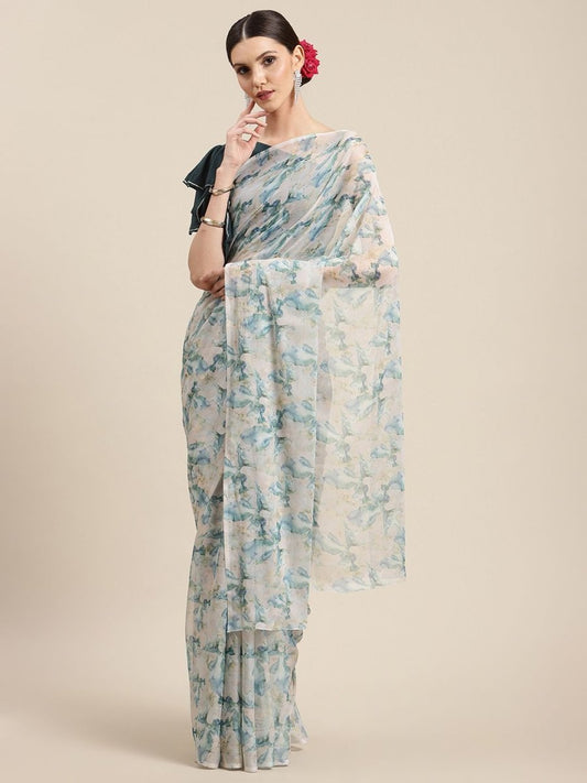 Ahalyaa Women's Off White Chiffon Abstract Digital Print Saree | Swadesiicart