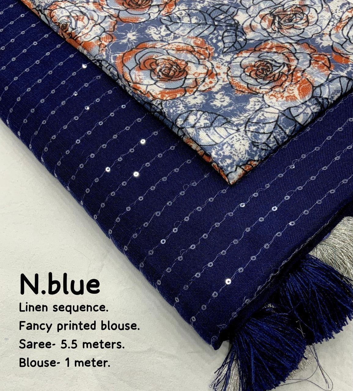 Blue Linen Sequence Saree with Unstitched Blouse - Hiral Fashion | Swadesiicart