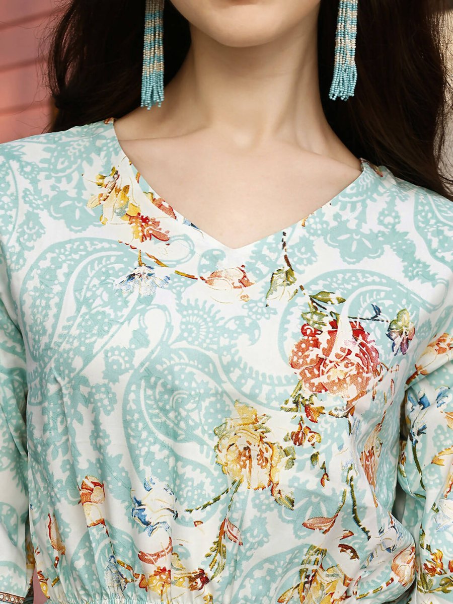 Aqua Blue Rayon Paisley & Floral Printed Top with Matching Bottom - Eesha - Swadesiicart