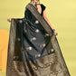 Joban Fashion Grey & Black Plain With Weaving Border Banarasi Silk Sarees | Swadesiicart